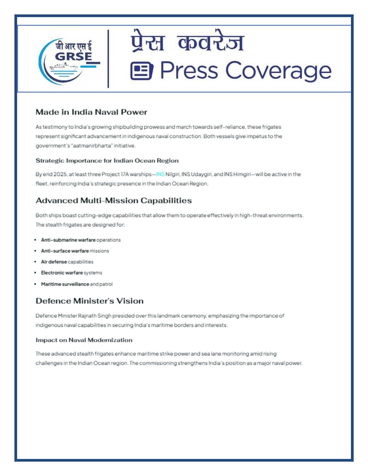 Press Coverage : 28 Aug 25:Pride of GRSE,power of the Navy INS Himgiri joins the fleet